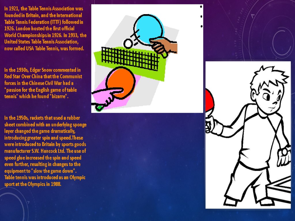 In 1921, the Table Tennis Association was founded in Britain, and the International Table